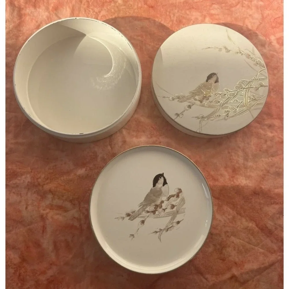 Vintage Otagiri Japan Lacquerware Bird Coasters Set of 6 w/ Round Box